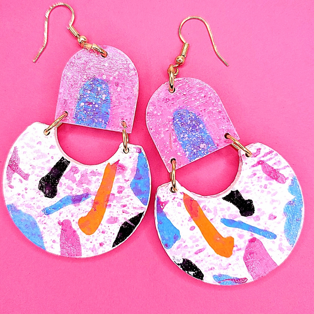 Bold Abstract Statement Earrings Handpainted Wooden,New,2.5 inch dangle,Unique!
